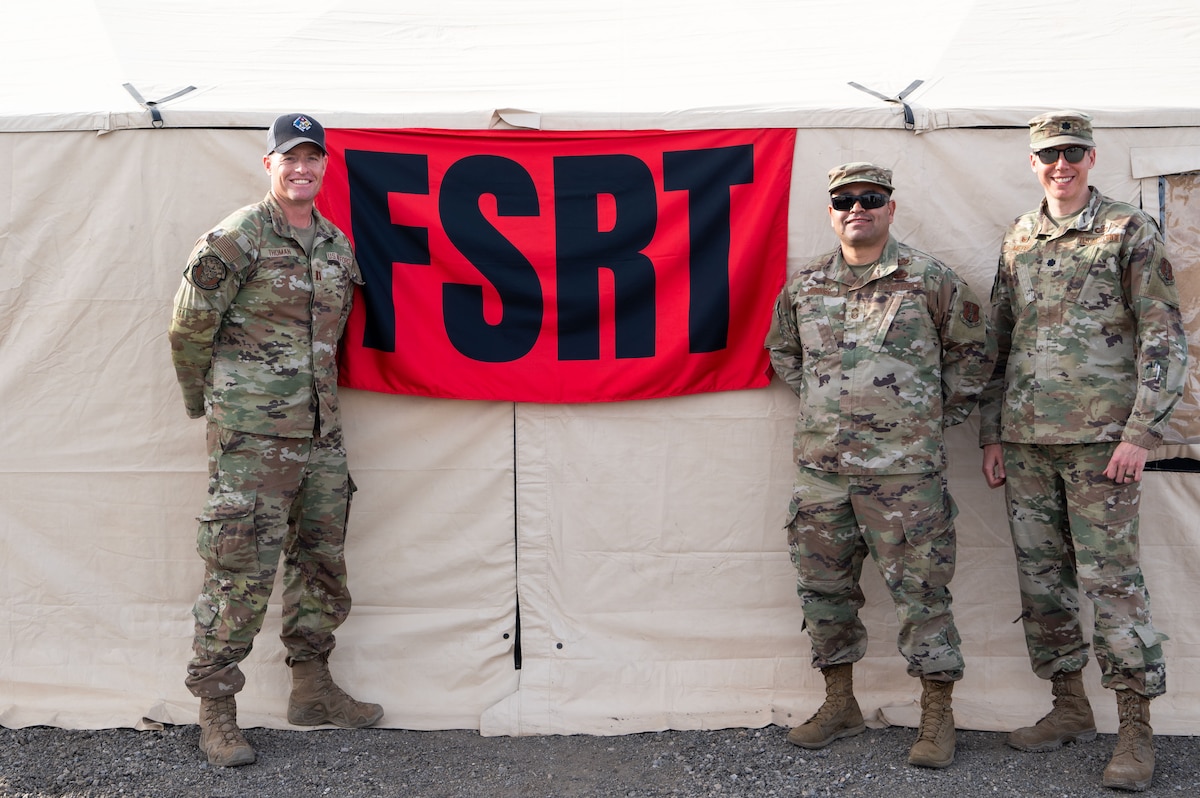 (From left to right) Capt. Jacob Thoman, 162nd Wing Liasion Officer for Nevada Chemical, Biological, Radiological, Nuclear Enhanced Response Force Package Sustainment Year Combined Training Event; Chief Master Sgt. Raul Verdugo, Senior Enlisted Leader, 162nd Force Support Squadron; and Lt. Col. John Meyer, Commander, 162nd FSS gather for a photo at Nellis Air Force Base, Mar. 1, 2025. The 162nd FSRT trained to respond to a variety of national and state emergencies, demonstrating the 162nd Wing's commitment to mission-readiness and support for both federal and state operations. (U.S. Air National Guard photo by Tech. Sgt. Van Whatcott)
