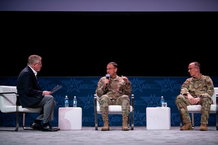 Gen. Johnny Lamontagne, commander of Air Mobility Command, participated in a panel discussing the importance of fueling and sustaining the fight for global power projection with Lt. Gen. John P. Healy, Chief of the Air Force Reserve and Air Force Reserve Command commander, March 5, at the 2025 Air & Space Forces Association Warfare Symposium.
