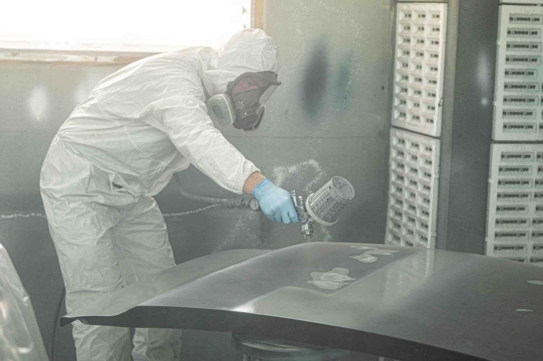 Tech. Sgt. Mark Wilson, a heavy mobile equipment mechanic assigned to the 139th Logistics Readiness Squadron’s vehicle maintenance shop, Missouri Air National Guard, applies a coat of primer to a truck on Feb. 27, 2025, at Rosecrans Air National Guard Base in St. Joseph, Missouri. Wilson was repainting sections of a truck that required maintenance. (U.S. Air National Guard photo by Michael Crane)