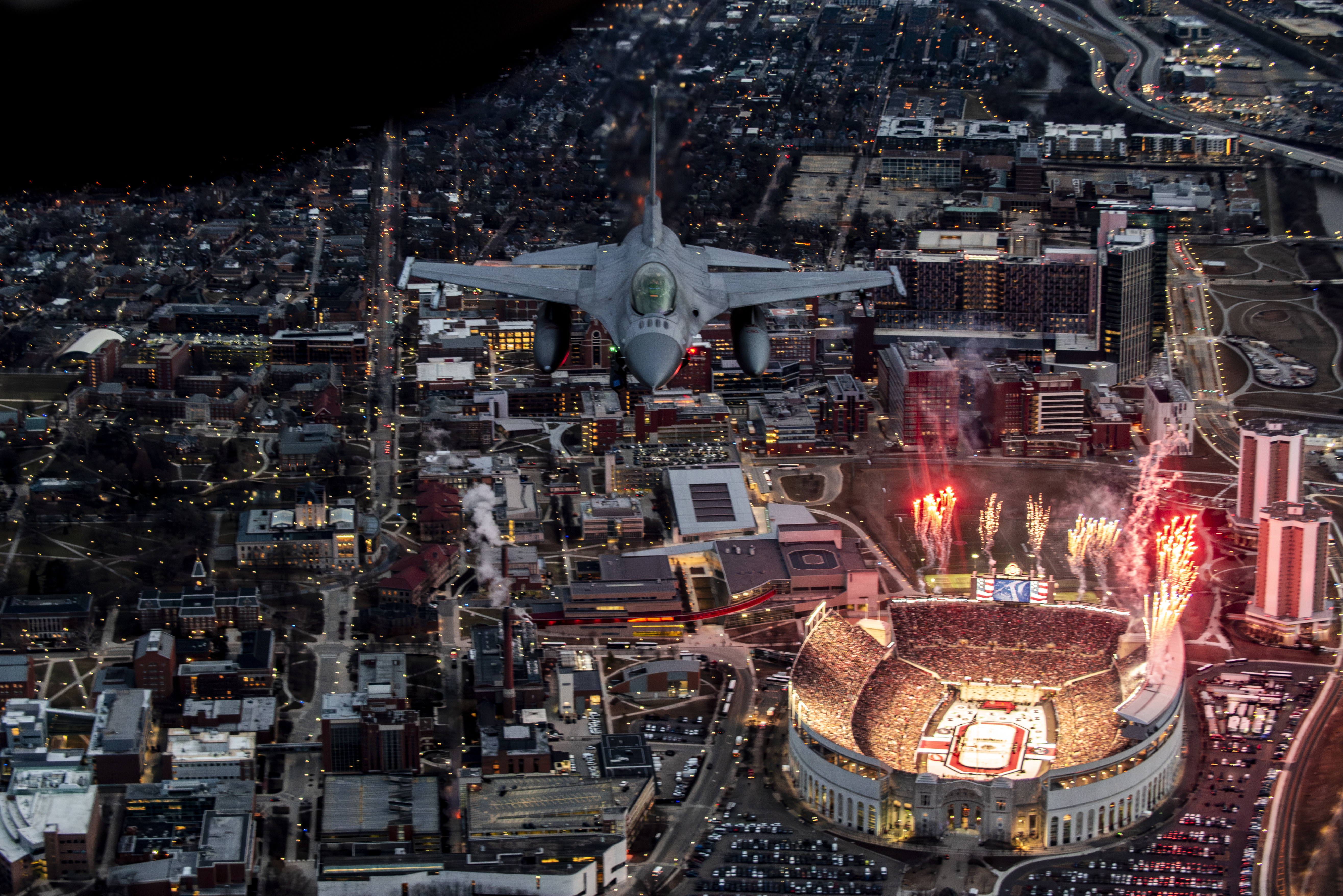An Ohio Air National Guard F-16 Fighting Falcon flies over Ohio Stadium in Columbus, Ohio, March 1, 2025. Credit: U.S. Air National Guard Tech. Sgt. Mikayla Gibbs