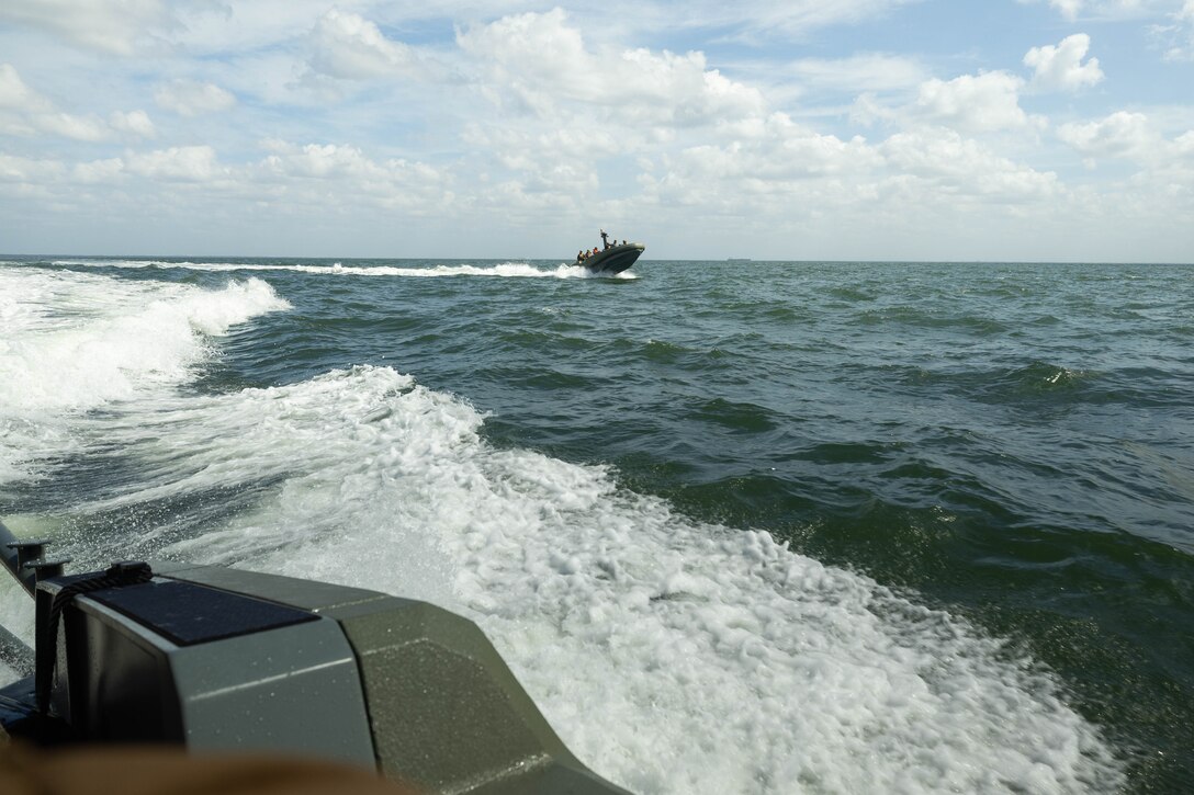 U.S. Marines with 4th Assault Amphibian Battalion, 4th Marine Division, Marine Forces Reserve, conduct high-speed, open water operations using a multi-mission reconnaissance craft–alpha variant, Tampa, Florida, March 4, 2025. The MMRC-A will enable Marines with 4th AABn to continue to train and operate in the maritime domain, supporting service level littoral maneuver concept development efforts. (U.S. Marine Corps photo by Lance Cpl. Van Hoang)