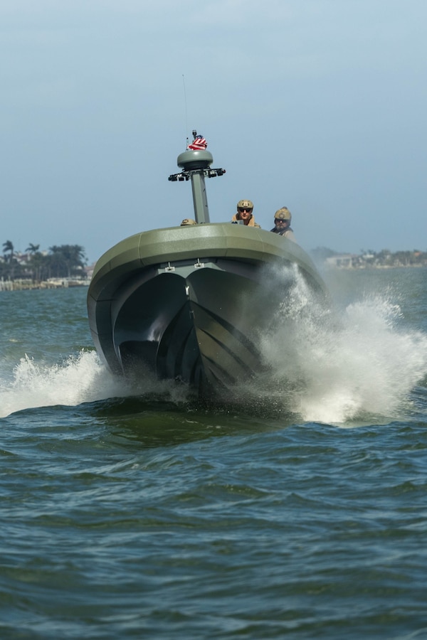 U.S. Marines with 4th Assault Amphibian Battalion, 4th Marine Division, Marine Forces Reserve, conduct high-speed, open water operations using a multi-mission reconnaissance craft–alpha variant, Tampa, Florida, March 4, 2025. The MMRC-A will enable Marines with 4th AABn to continue to train and operate in the maritime domain, supporting service level littoral maneuver concept development efforts. (U.S. Marine Corps photo by Lance Cpl. Van Hoang)