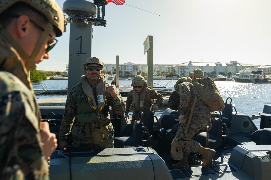 U.S. Marines with 4th Assault Amphibian Battalion, 4th Marine Division, Marine Forces Reserve, board a multi-mission reconnaissance craft–alpha variant–to conduct open water maneuvers, Tampa, Florida, March 3, 2025. The MMRC-A will enable Marines with 4th AABn to continue to train and operate in the maritime domain, supporting service level littoral maneuver concept development efforts. (U.S. Marine Corps photo by Lance Cpl. Van Hoang)