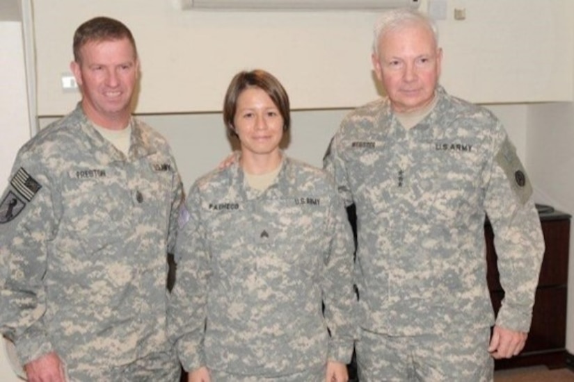 Staff Sgt Misty Barr with the Sergeant Major of the Army Kenneth O. Preston and LTG William G. Webster, Commanding General 3rd Army/ USARCENT (2010)