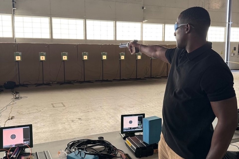 Master Sgt. Earlie Brown is honing his skills during shooting practice.