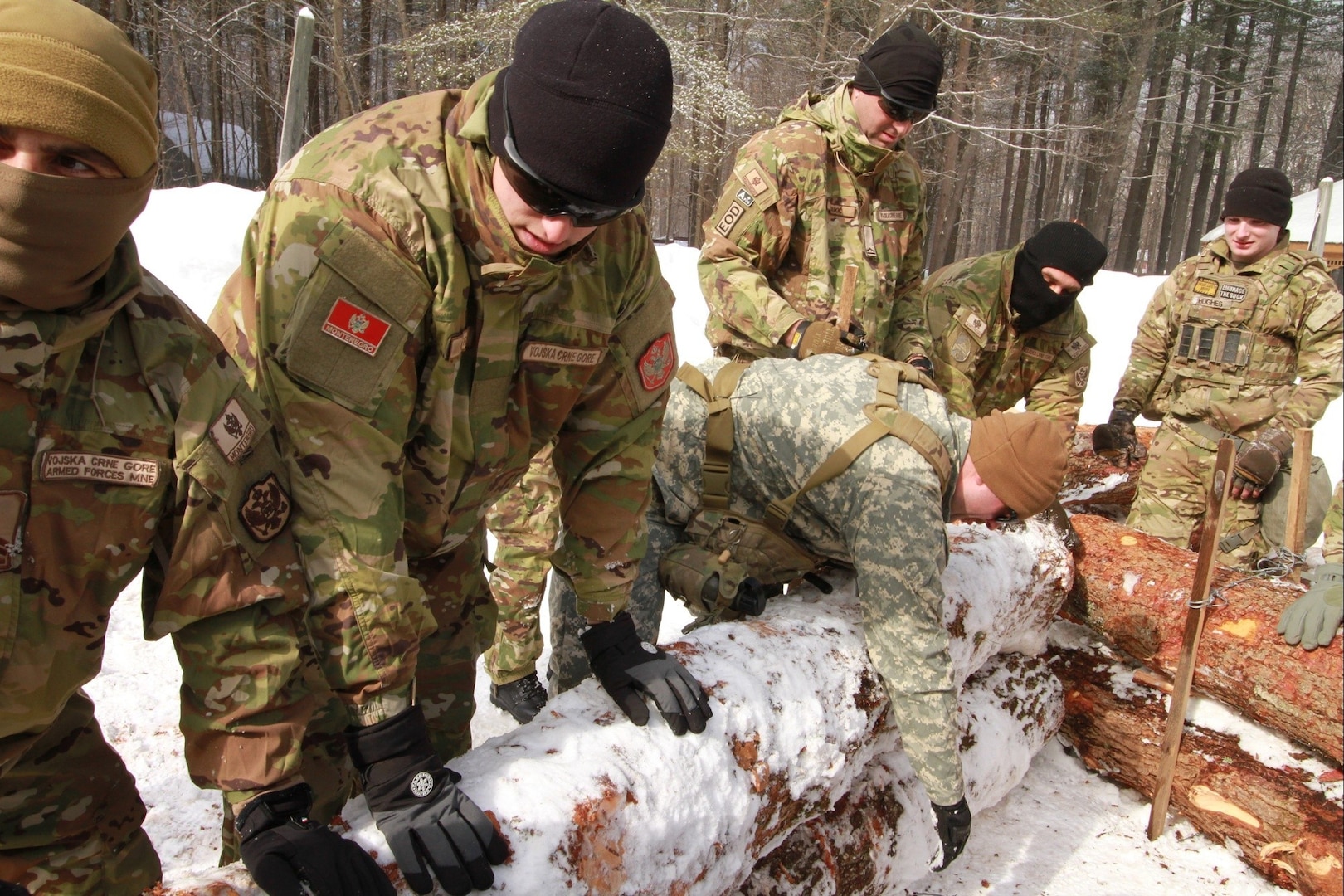 Soldiers from the Maine National Guard and Montenegro build up a log crib, a defensive device used by combat engineers to slow enemy movements, during a training exercise at the Bog Brook training area in Gilead, Maine, March 1, 2025. Maine and Montenegro are partners in the State Partnership Program.