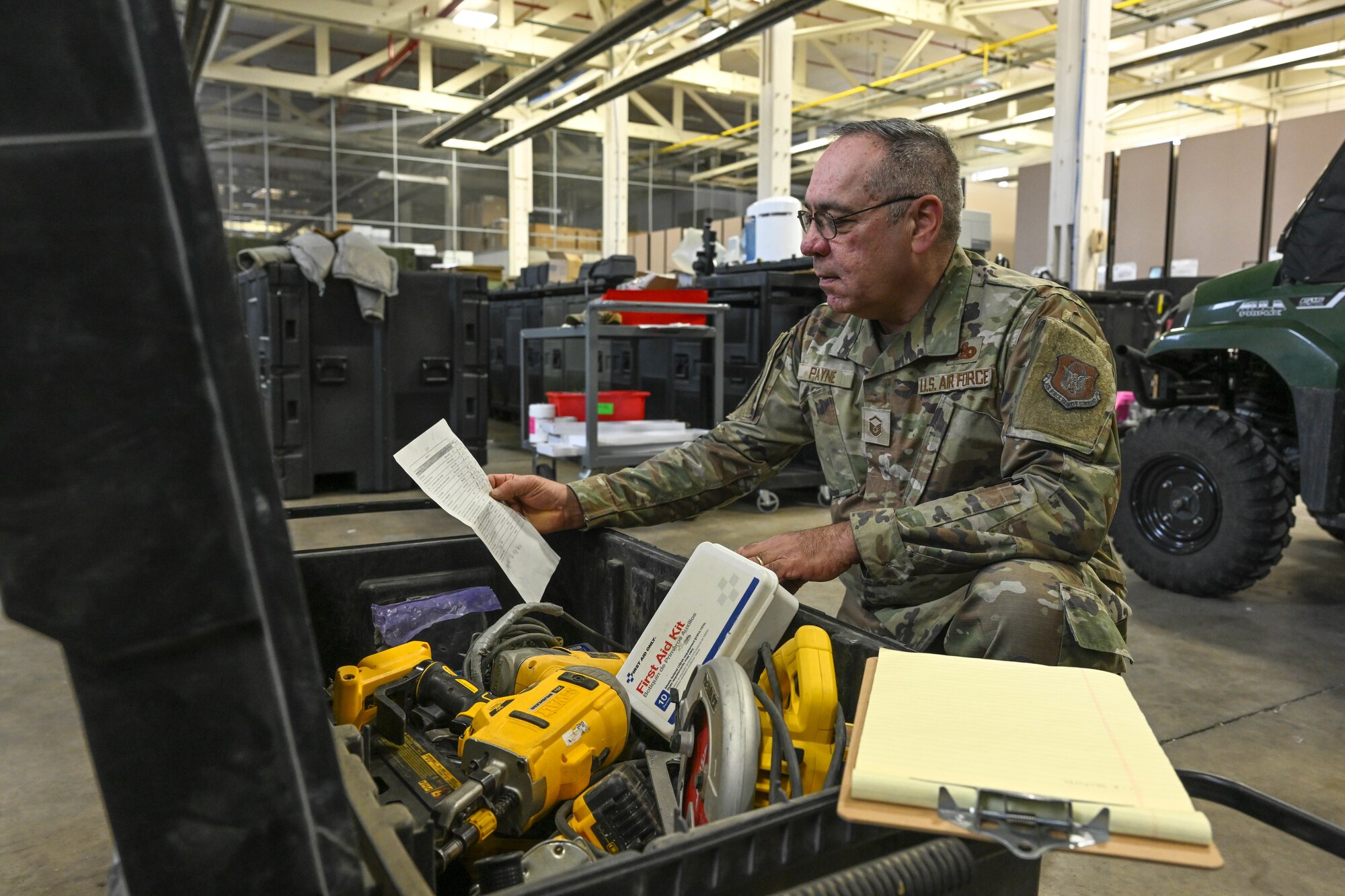 Master Sgt. Dale Payne, NCOIC of civil engineering and force support with the Department of Defense’s Innovative Readiness Program Combined Asset Management Site, inventories civil engineering equipment at the CAMS warehouse March 2, 2025.