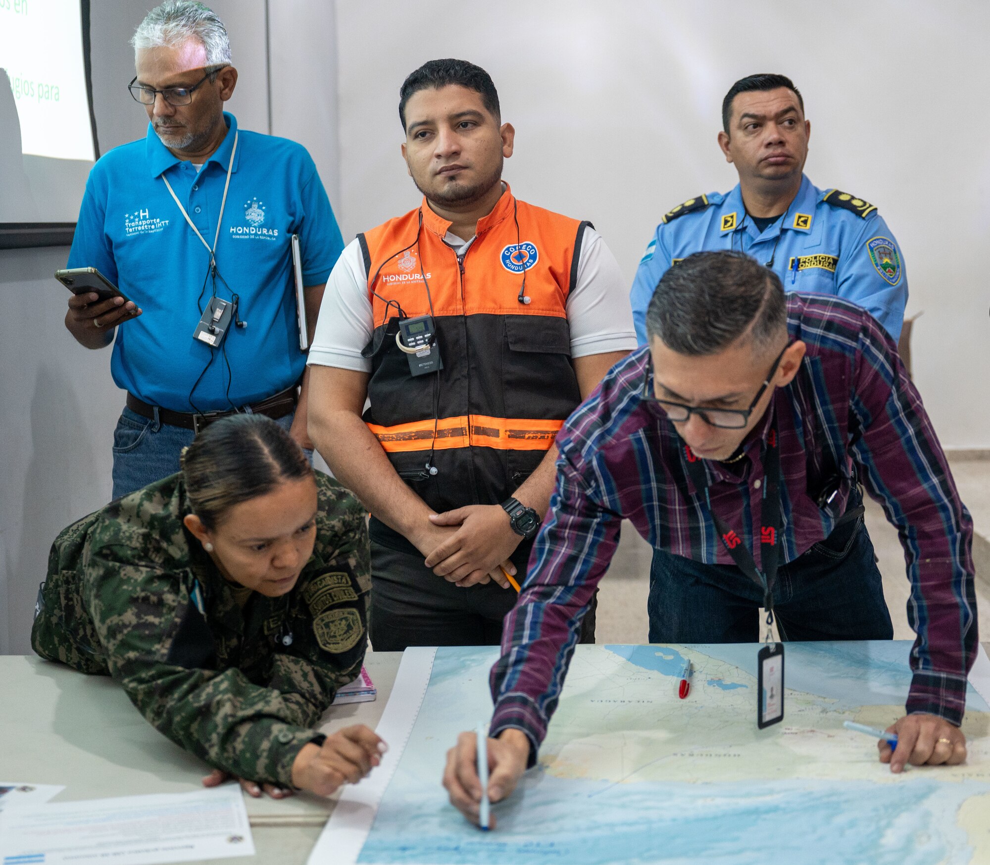 Individuals from the Honduran military, national police, and COPECO outline their initial response capabilities to a natural disaster during Jaguar Sentinel, a JTF-Bravo led tabletop exercise Feb. 28, 2025, Tegucigalpa, Honduras. Jaguar Sentinel is a forum for key players to share experience, capabilities and act as force multipliers during a crisis. (U.S. Air Force photo)