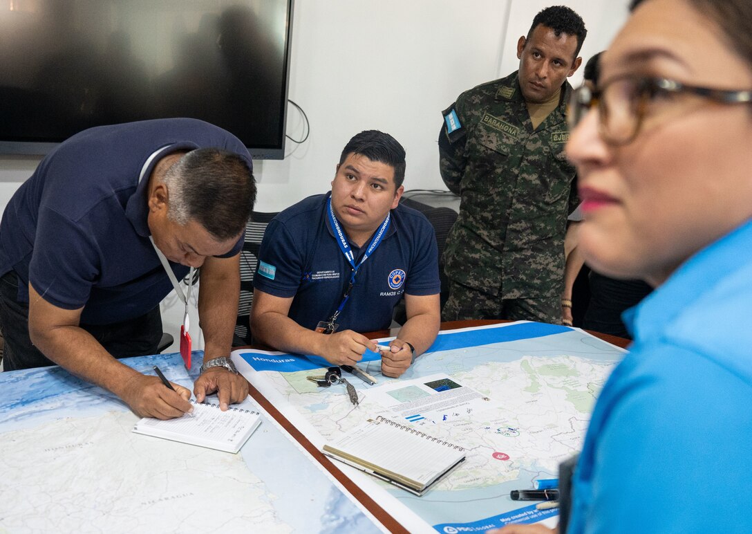 Participants from three Honduran partner agencies respond to the first inject during Jaguar Sentinel, a JTF-Bravo led tabletop exercise Feb. 28, 2025, Tegucigalpa, Honduras. Jaguar Sentinel is a forum for key players to share experience, capabilities and act as force multipliers during a crisis. (U.S. Air Force photo)