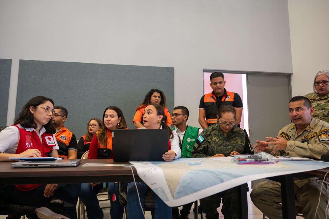 Members from the Honduran Red Cross lead their group during a discussion during Jaguar Sentinel, a JTF-Bravo led tabletop exercise Feb. 28, 2025, Tegucigalpa, Honduras. Jaguar Sentinel is a forum for key players to share experience, capabilities and act as force multipliers during a crisis. (U.S. Air Force photo)