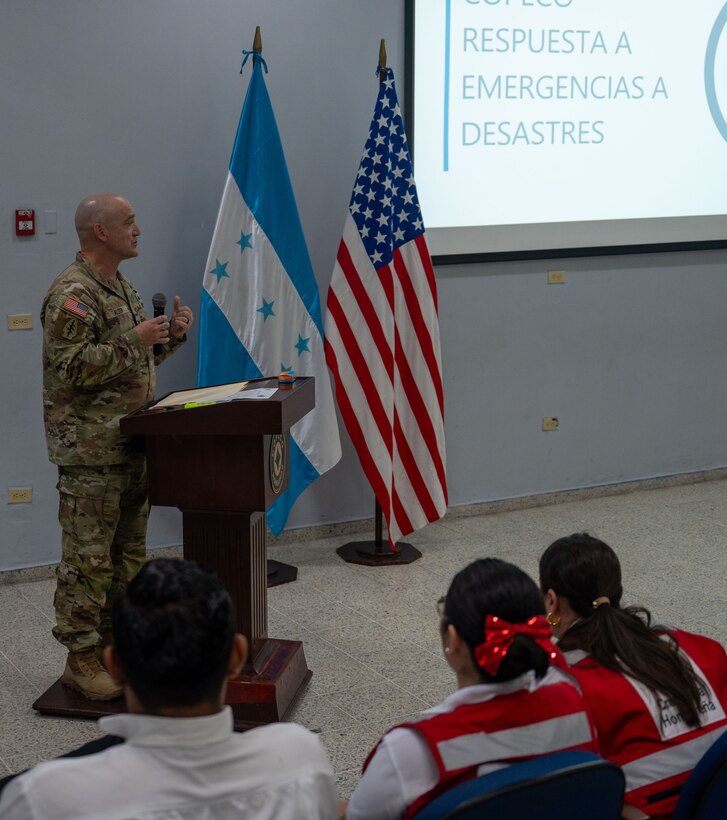 U.S. Army Col. Daniel Alder, JTF-Bravo commander, provides opening remarks during Jaguar Sentinel, a JTF-Bravo led tabletop exercise Feb. 28, 2025, Tegucigalpa, Honduras. Jaguar Sentinel is a forum for key players to share experience, capabilities and act as force multipliers during a crisis. (U.S. Air Force photo)