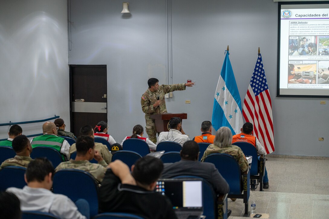 U.S. Army 2nd Lt. Jacob Aguilar briefs participants on JTF-Bravo engineering capabilities during Jaguar Sentinel, a JTF-Bravo led tabletop exercise Feb. 28, 2025, Tegucigalpa, Honduras. Jaguar Sentinel is a forum for key players to share experience, capabilities and act as force multipliers during a crisis. (U.S. Air Force photo)