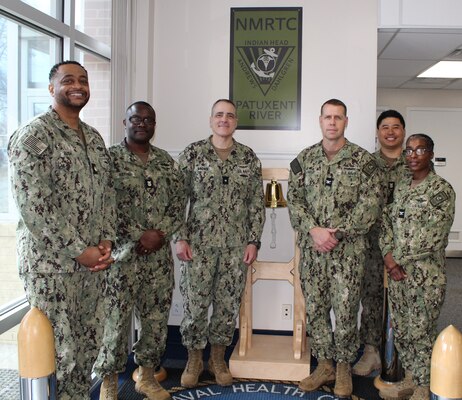 Rear Admiral Kevin Brown, Commander Medical Forces Atlantic, visits Navy Medicine Readiness and Training Command Patuxent River. (Pictured left to right) LCDR Kenneth Bush (NMFL), CMDCM Lamar Bethel (NMFL), RDML Kevin Brown (NMFL), CAPT Jeremy Hawker (NMRTCPR), HMCM Elwin Familiar (NMRTCPR) and CAPT Teresita Alston (NMRTCPR).