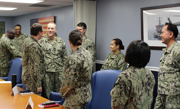 Rear Admiral Kevin Brown, Commander Medical Forces Atlantic, visits Navy Medicine Readiness and Training Command (NMRTC) Patuxent River and is greeted by NMRTC Patuxent River Board of Directors prior to a town hall meeting.