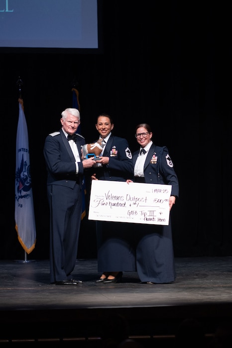 U.S. Air Force retired Lt. Gen. John “Soup” Campbell receives the Goodfellow Air Force Base Sheep statue and a $500 donation to charity on his behalf during the 2024 Annual Awards Ceremony at Murphey Performance Hall, San Angelo, Texas, Feb. 29, 2025. The sheep statue represents the strong bond between Goodfellow and the community of San Angelo. (U.S. Air Force photo by Airman 1st Class Brian Lummus)