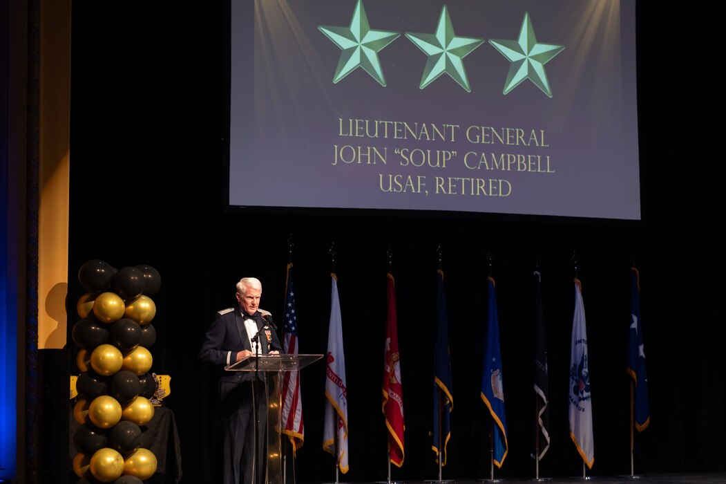 U.S. Air Force retired Lt. Gen. John “Soup” Campbell speaks at the 2024 Annual Awards Ceremony at Murphey Performance Hall, San Angelo, Texas, Feb. 29, 2025. Campbell spoke on the importance of the Air Force adapting to meet the requirements of U.S. national security. (U.S. Air Force photo by Airman 1st Class Brian Lummus)