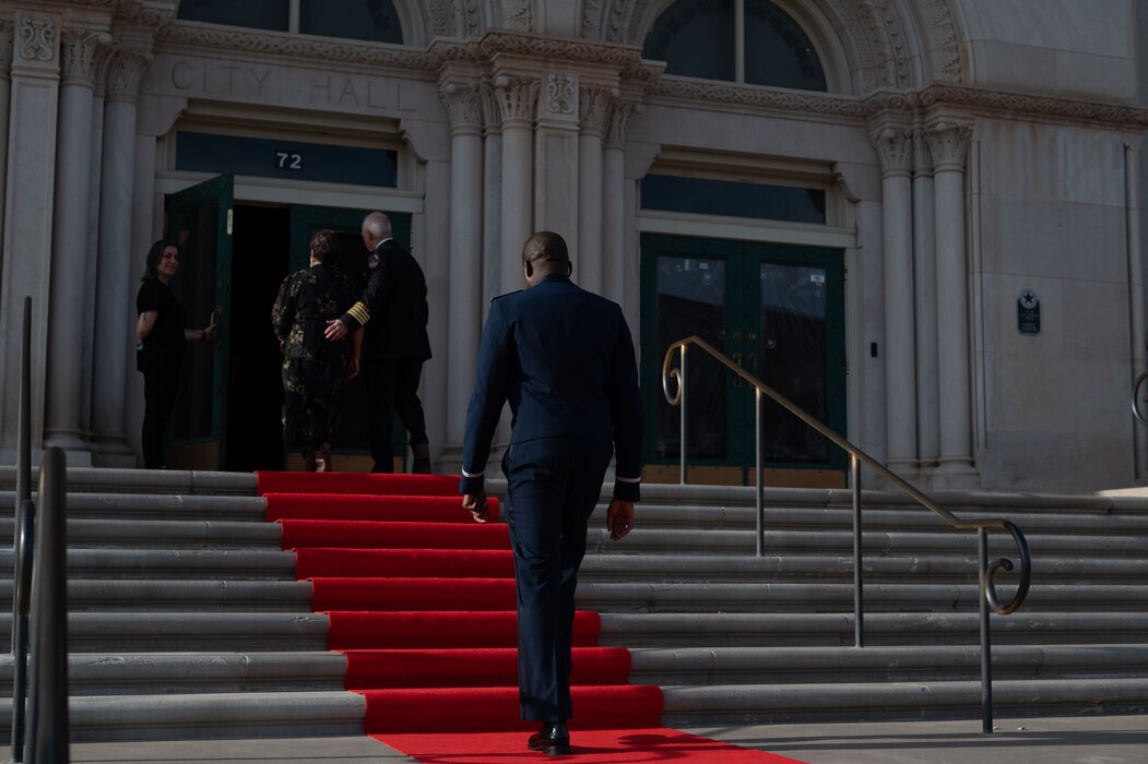 U.S. Air Force Capt. Kizito Okhuoya, 17th Training Wing chaplain, walks towards the entrance of the 2024 Annual Awards Ceremony at Murphey Performance Hall, San Angelo, Texas, Feb. 29, 2025. Annual awards are an opportunity to recognize personnel for their service, hard-work, initiative, and dedication throughout the year. (U.S. Air Force photo by Airman 1st Class Brian Lummus)
