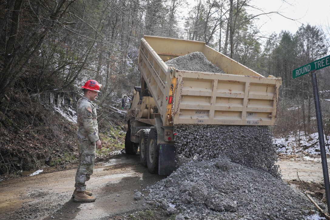 Kentucky National Guard Soldiers from the 207th Engineer Construction Company aided in flood relief efforts in Leslie County, Kentucky on February 22, 2025.