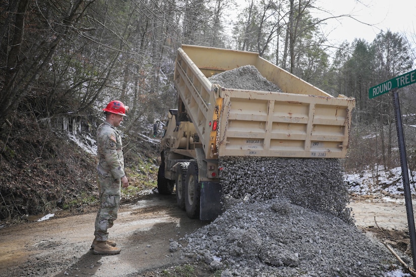 Kentucky National Guard Soldiers from the 207th Engineer Construction Company aided in flood relief efforts in Leslie County, Kentucky on February 22, 2025.