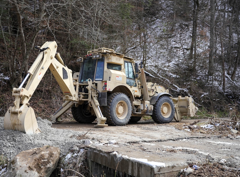 Kentucky National Guard Soldiers from the 207th Engineer Construction Company aided in flood relief efforts in Leslie County, Kentucky on February 22, 2025.