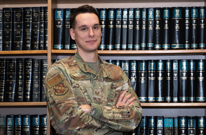 U.S. Air Force Staff Sgt. Elijah Wiegand, 42nd Air Base Wing Judge Advocate training and readiness non-commissioned officer in charge, poses for a photo at Maxwell Air Force Base. Alabama, March 03, 2025.