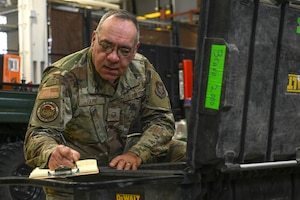 Master Sgt. Dale Payne, NCOIC of civil engineering and force support with the Department of Defense’s Innovative Readiness Program Combined Asset Management Site, logs items while inventorying an equipment case at the CAMS warehouse March 2, 2025.