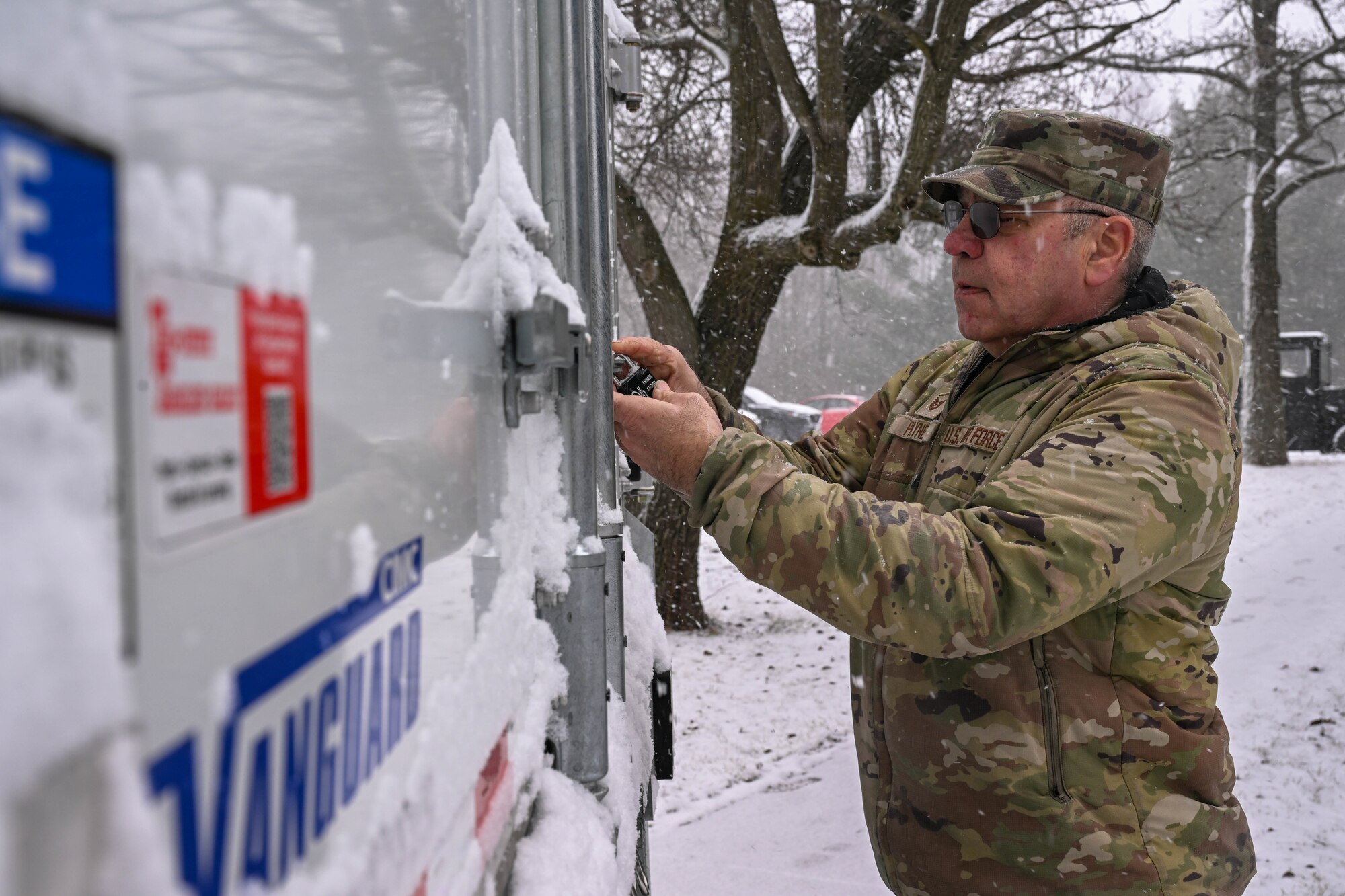 Master Sgt. Dale Payne, NCOIC of civil engineering and force support with the Department of Defense’s Innovative Readiness Program Combined Asset Management Site, inspects one of the IRT trailers that he’s hauled for thousands of miles, March 2, 2025.