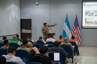 U.S. Army 2nd Lt. Jacob Aguilar briefs participants on JTF-Bravo engineering capabilities during Jaguar Sentinel, a JTF-Bravo led tabletop exercise Feb. 28, 2025, Tegucigalpa, Honduras. Jaguar Sentinel is a forum for key players to share experience, capabilities and act as force multipliers during a crisis. (U.S. Air Force photo)
