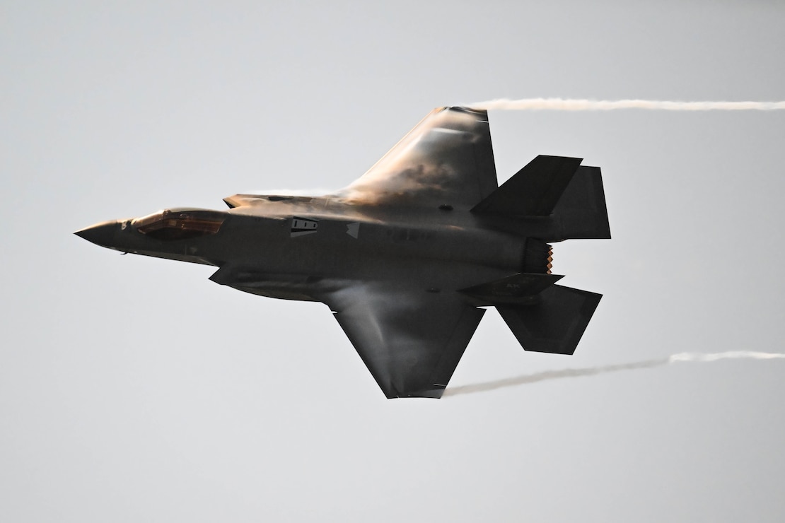 Maj. Melanie "Mach" Kluesner, F-35A Demonstration Team pilot, flies a practice demonstration over Don Mueang Air Base, Bangkok, Thailand, on March 6, 2025.