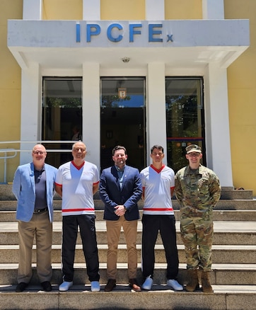 WRAIR-West visits the Brazilian Army Research Institute for Physical Fitness (IPCFEx) in Rio de Janeiro. From left to right: Mr. Daniel Strong (DEVCOM International Technology Center), Retired Col. Antonio Duarte (CCFEx), Dr. Brad Fawver (WRAIR-West), Maj. Rafael Bandeira Silva (IPCFEx), and MAJ Jeff Osgood (WRAIR-West). (Courtesy Photo)