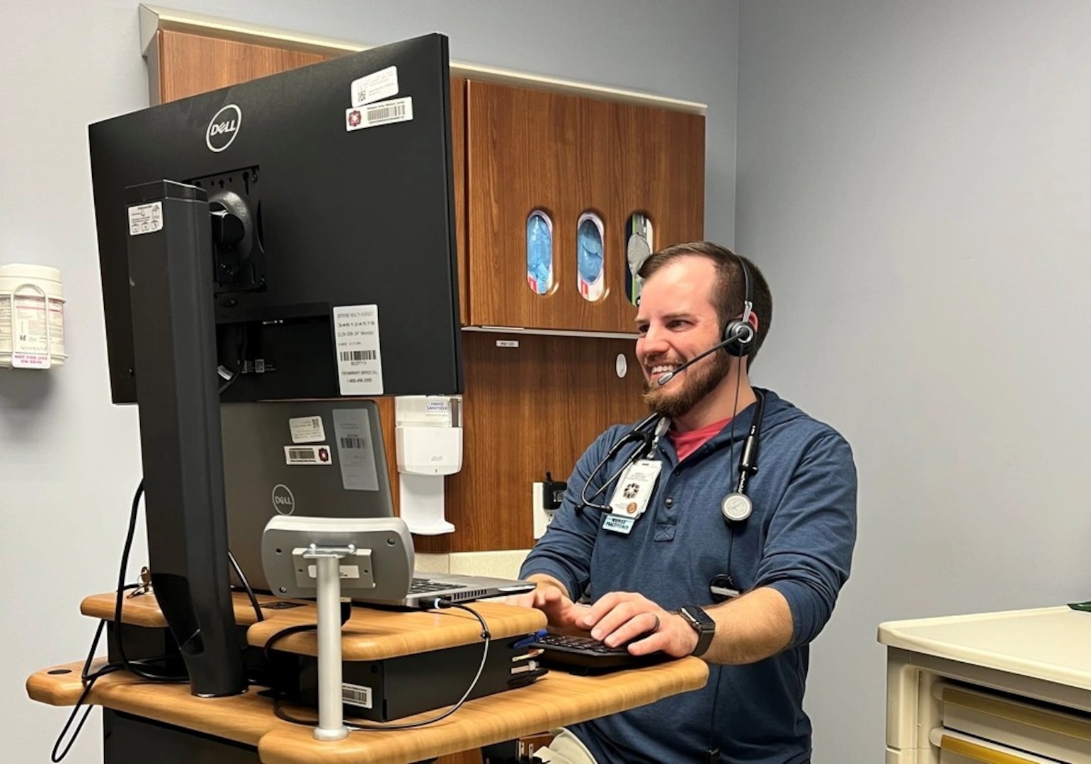 Family Nurse Practitioner, Steven Jernigan, Hope Mills Medical Home conducting a virtual appointment with a patient. Womack Army Medical Center primary care and outlying clinics implemented My Military Health in December, enhancing patient flexibility for better health management.