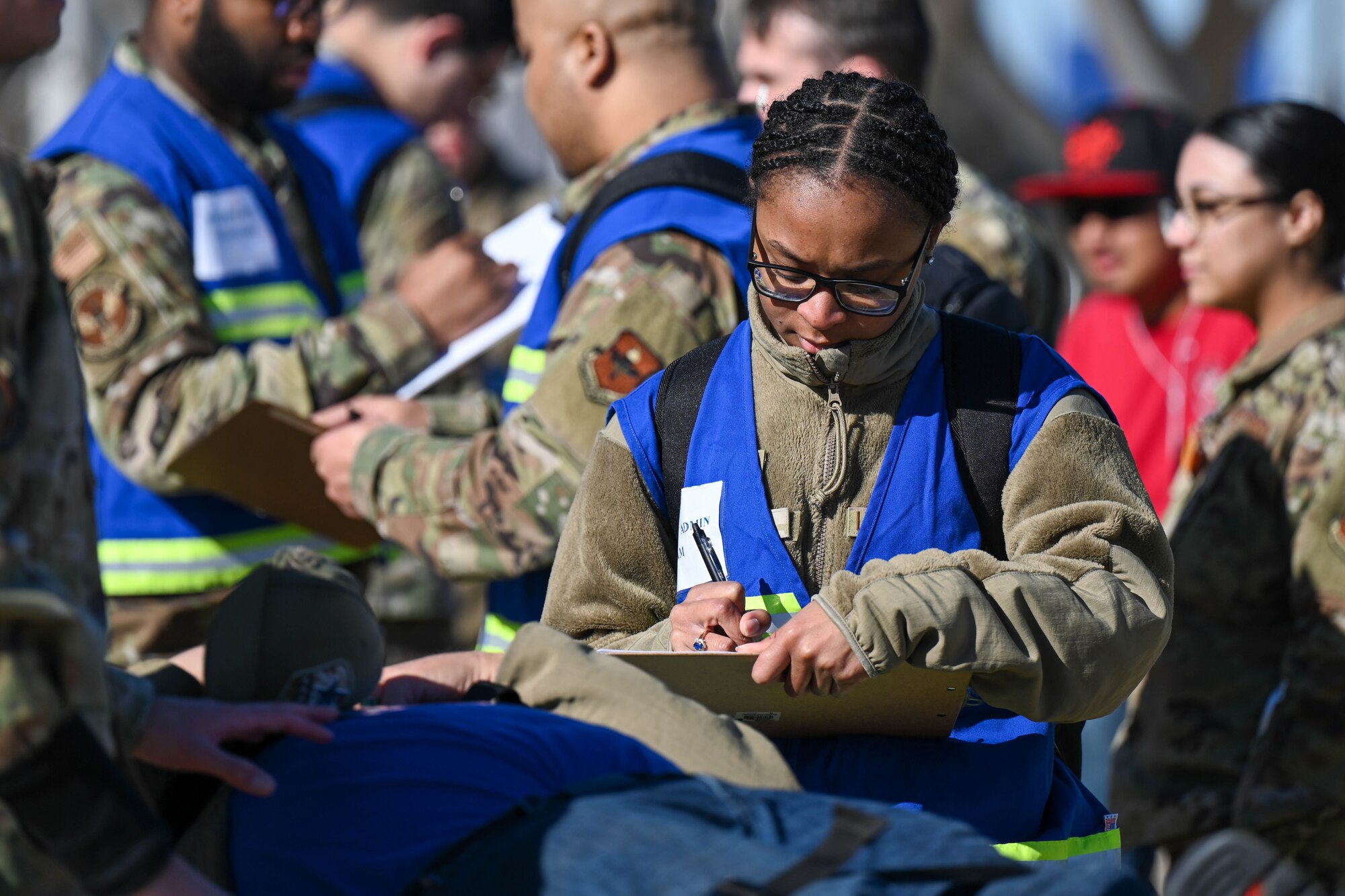 U.S. Air Force Senior Airman Deja Eatmon, 97th Healthcare Operations Squadron referral technician, documents a patient's condition during a Sustainment Operations for Air Force Medical Responders exercise at Altus Air Force Base, Oklahoma, Feb. 27, 2025.