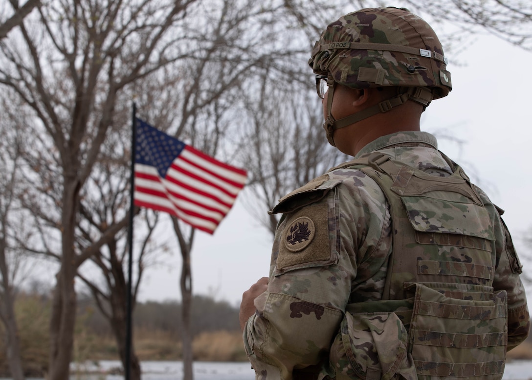 A soldier looks toward an American flag hanging from a tree in a forest on a gloomy day.