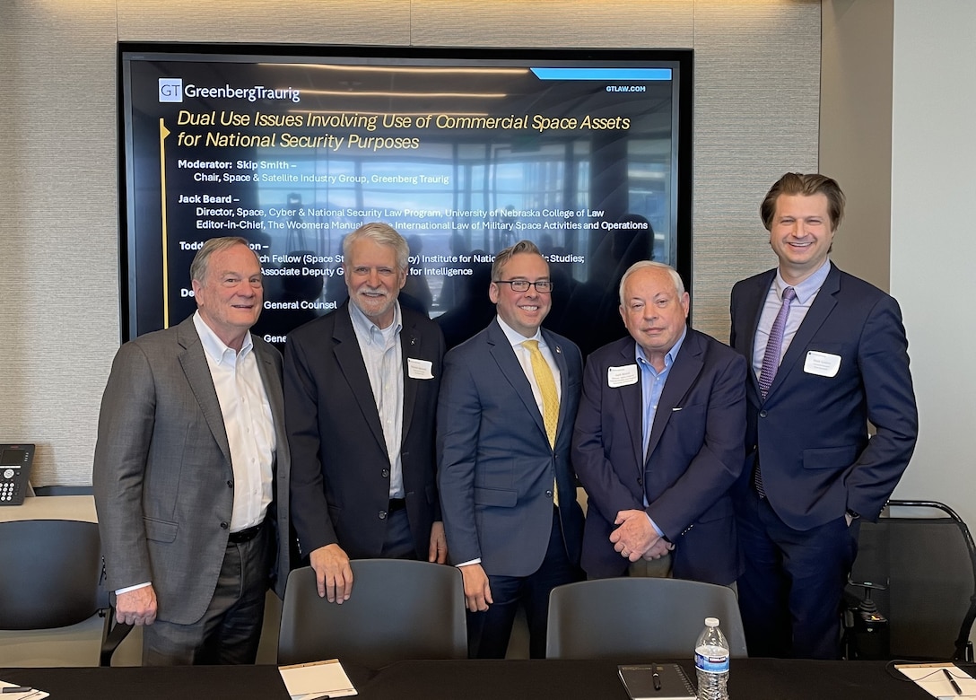 Mr. Todd Pennington (center), INSS Senior Research Fellow for Space Strategy and Policy, discussed "dual-use" space technology as a panelist at a recent event hosted by the Colorado Space Business Roundtable. The panel, moderated by Skip Smith (Chair of the Space and Satellite Industry Group at Greenberg Traurig) also included Dennis Burnett (General Counsel for Hawkeye 360), Professor Jack Beard (Director of the Space, Cyber, and National Security Law Program at Nebraska College of Law), and Matt Linton (General Counsel for True Anomaly).