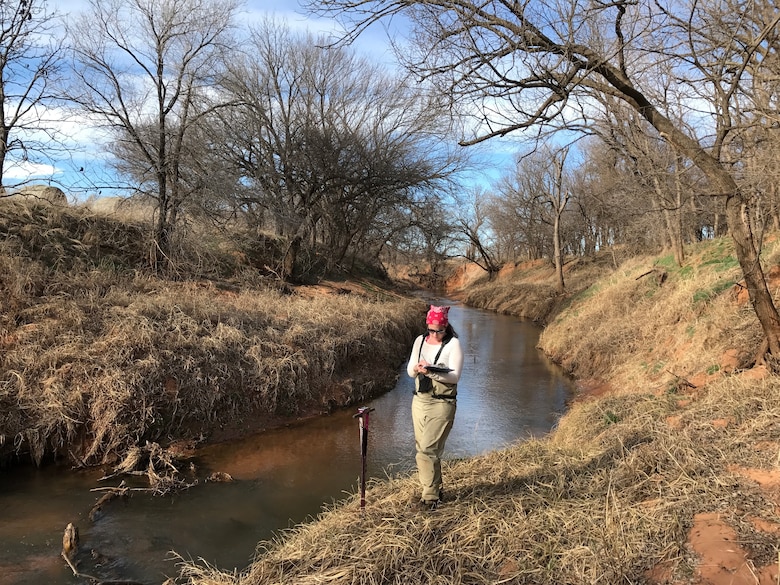 ERDC's Dr. Gabrielle David collects data on Cobb Creek in Oklahoma
