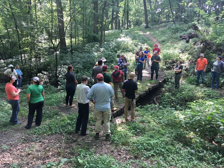 ERDC's Dr. Gabrielle David teaching at the field identification of the OHWM training course to the Rock Island District.