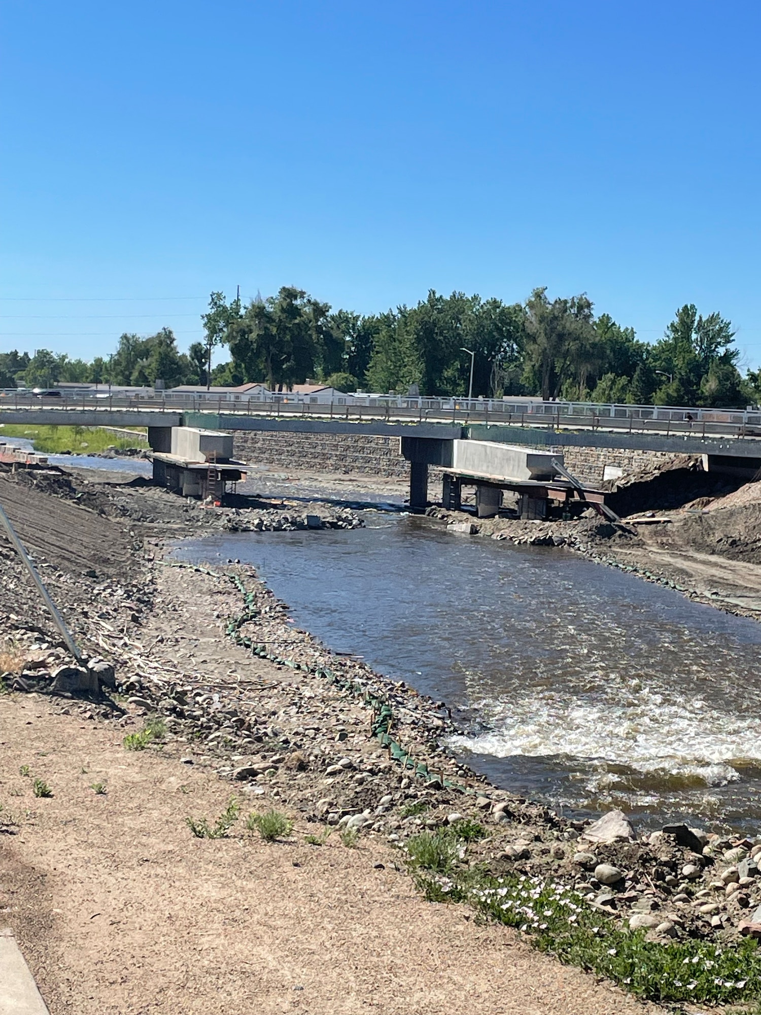 Bridge construction work over the St. Vrain Creek photographed June 5, 2024, during a site visit by the U.S. Army Corps of Engineers, Omaha District.