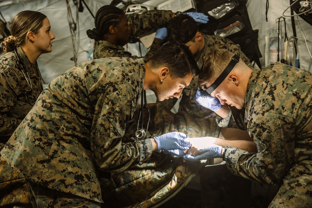 U.S. Navy Sailors with Combat Logistics Battalion 6, Combat Logistics Regiment 2, 2nd Marine Logistics Group, conduct an intravenous insertion into a simulated casualty as part of a casualty evacuation exercise during Mountain Training Exercise 2-25 at Marine Corps Mountain Warfare Training Center Bridgeport, California, March 4, 2025. MTX 2-25 is designed to prepare units to strengthen expeditionary warfare tactics and build confidence in their abilities to operate in a cold weather, high-altitude, mountainous environment. (U.S. Marine Corps photo by Sgt. Mary Torres)