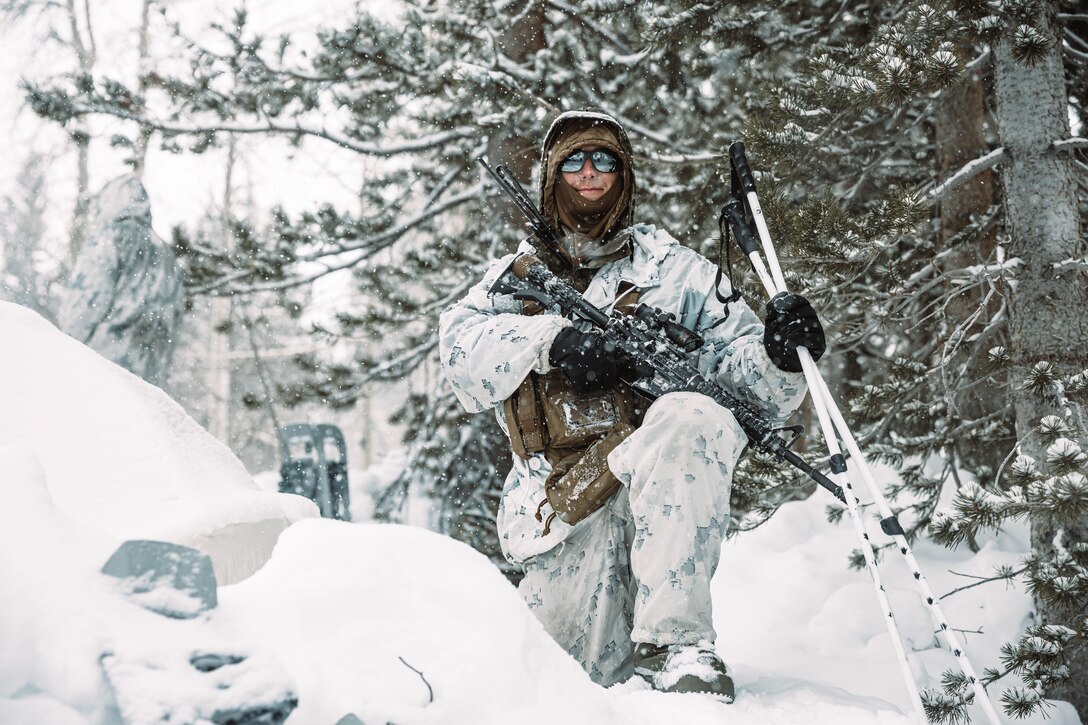 U.S. Marine Corps 1st Lt. Jack Bambury, a logistics officer with Combat Logistics Battalion 6, Combat Logistics Regiment 2, 2nd Marine Logistics Group, poses for a portrait while conducting mobility training during Mountain Training Exercise 2-25 at Marine Corps Mountain Warfare Training Center Bridgeport, California, March 5, 2025. MTX 2-25 is designed to prepare units to strengthen expeditionary warfare tactics and build confidence in their abilities to operate in a cold weather, high-altitude, mountainous environment. (U.S. Marine Corps photo by Sgt. Mary Torres)