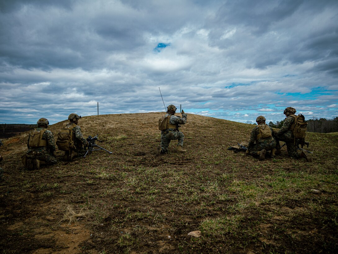U.S. Marines with Kilo Company, Battalion Landing Team, 3rd Battalion, 6th Marine Regiment, 22nd Marine Expeditionary Unit, execute company squad attack drills as part of Realistic Urban Training (RUT) Exercise on Fort Barfoot, Virginia, March 6, 2025. RUT is a land-based training exercise which enables the 22nd MEU to conduct expeditionary operations as a cohesive Marine Air-Ground Task Force, in preparation to integrate with U.S. Navy for future operations. (U.S. Marine Corps photo by Sgt. Tanner Bernat)