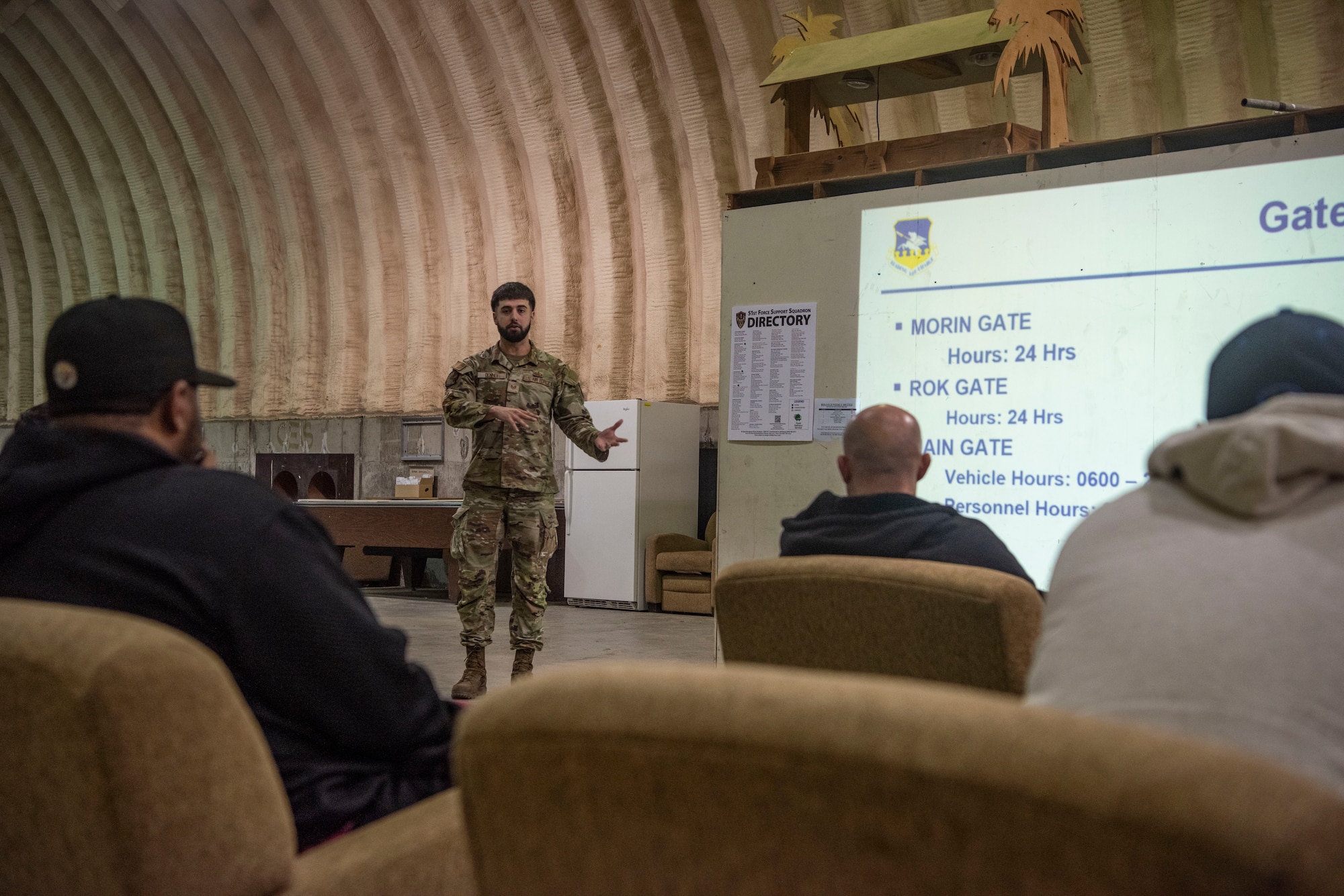 U.S. Air Force Staff Sgt. Chris Denny, 51st Force Support Squadron augmentee, briefs augmentees for exercise Freedom Shield 25 at Osan Air Base, Republic of Korea, March 1, 2025.