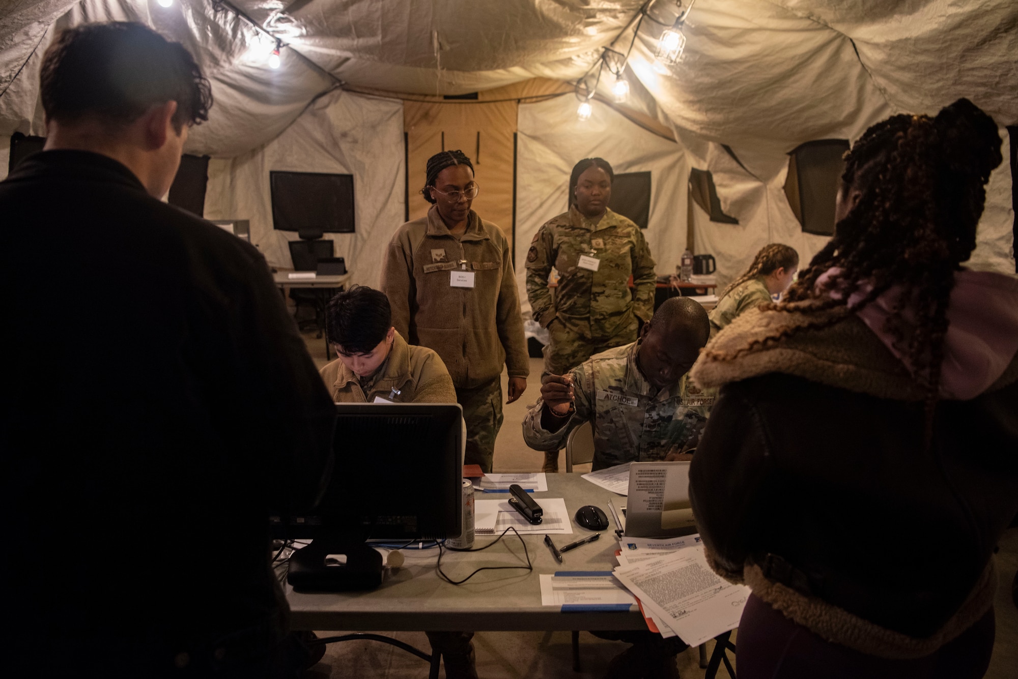 U.S. Air Force augmentees assigned to the 51st Force Support Squadron’s personnel support contingency operations team in-process augmentees for exercise Freedom Shield 25 at Osan Air Base, Republic of Korea, March 1, 2025.