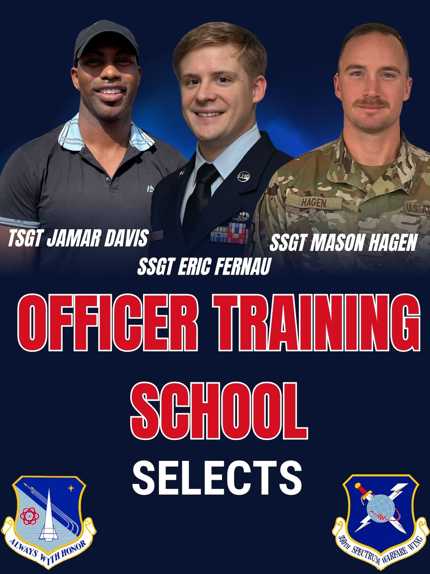 This graphic was designed to highlight members who were selected for the U.S. Air Force Officer Training School from the 350th Spectrum Warfare Wing at Eglin Air Force Base, Florida, March 10, 2025. The members were chosen from the 87th Electronic Warfare Squadron, the Commander's Action Group and the 453d EWS. (U.S. Air Force graphic by Capt. Benjamin Aronson)