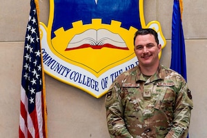 U.S. Air Force Tech. Sgt. Grant Schneider, Community College of the Air Force non-commissioned officer in charge of Aviation Maintenance Technology degrees program, poses for a photo at Maxwell-Gunter Annex, Alabama, March 5, 2025.