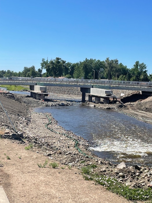 Bridge construction work over the St. Vrain Creek photographed June 5, 2024, during a site visit by the U.S. Army Corps of Engineers, Omaha District.