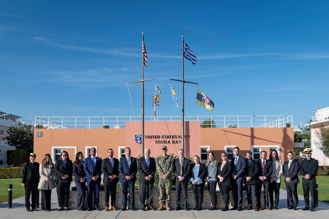 Cmdr. Steven Aspholm, executive officer, Naval Support Activity Souda Bay, welcomes visitors from the Hellenic Ministry of Foreign Affairs onboard NSA Souda Bay for a site visit on March 11, 2025.