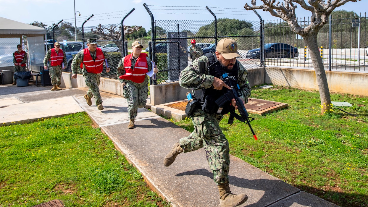 Sailors assigned to Naval Support Activity Souda Bay, Crete, Greece, respond to a simulated active shooter incident during a Commander, Navy Installations Command Final Evaluation Problem evaluation onboard NSA Souda Bay on March 6, 2025.