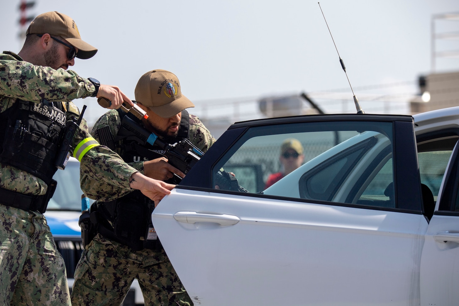 Sailors assigned to Naval Support Activity (NSA) Souda Bay, Crete, Greece, respond to a simulated high-risk traffic stop during a Commander, Navy Installations Command Final Evaluation Problem (FEP) assessment onboard NSA Souda Bay on March 6, 2025.