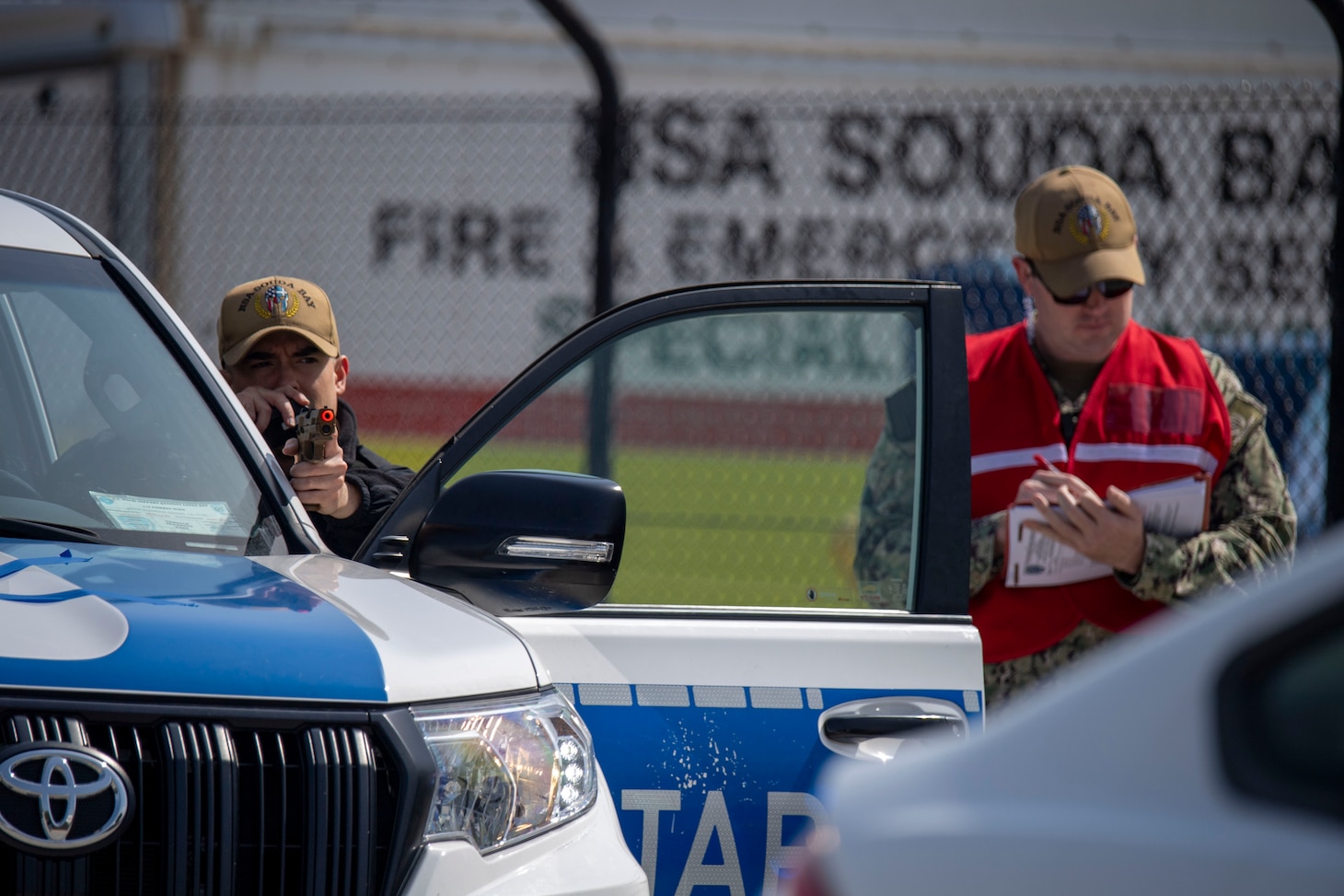 Sailors assigned to Naval Support Activity Souda Bay, Crete, Greece, respond to a simulated high-risk traffic stop during a Commander, Navy Installations Command Final Evaluation Problem (FEP) assessment onboard NSA Souda Bay on March 6, 2025.