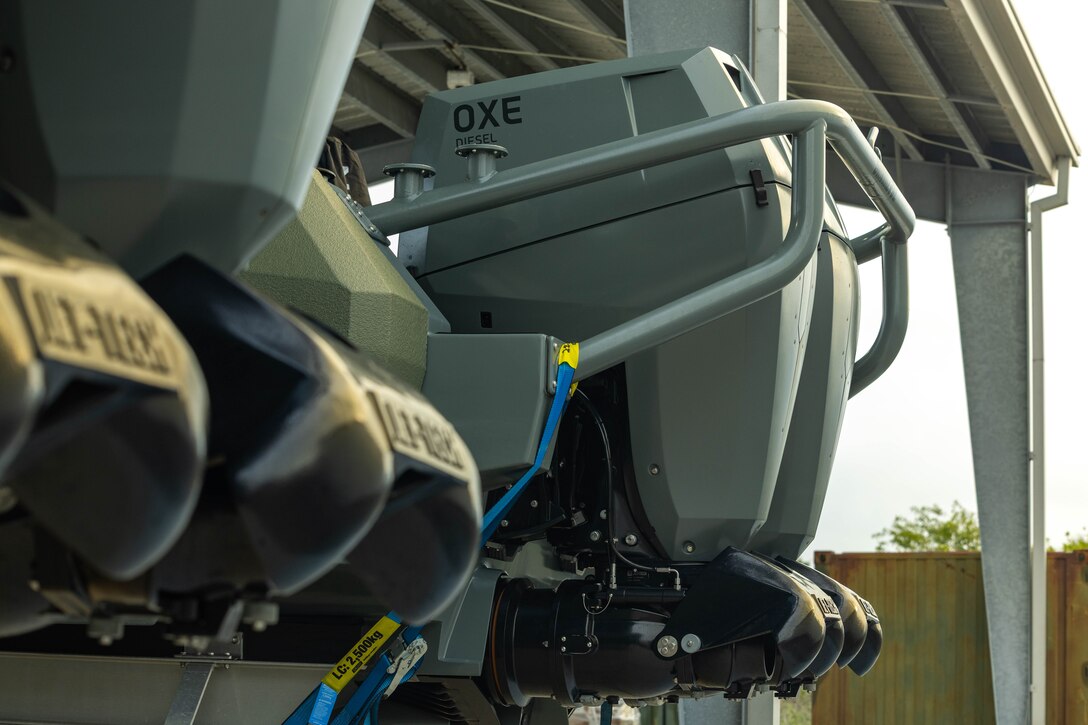 The U.S. Marine Corps multi-mission reconnaissance crafts–alpha variant–with 4th Assault Amphibian Battalion, 4th Marine Division, Marine Forces Reserve, are positioned on trailers for maintenance, Tampa, Florida, March 5, 2025. The MMRC-A is equipped with two, 300 horsepower turbo-diesel outboard motors, enabling Marines with 4th AABn to continue to train and operate in the maritime domain, supporting service level littoral maneuver concept development efforts. (U.S. Marine Corps photo by Lance Cpl. Van Hoang)
